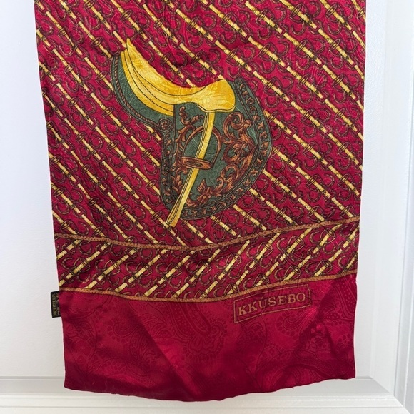 Kkusebo Scarf Equestrian Print Red Brown Gold Rectangle - Picture 3 of 5